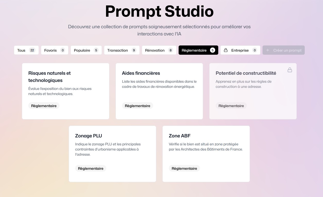 Capture d'écran de la bibliothèque de prompts Keyzia sur l'analyse réglementaire