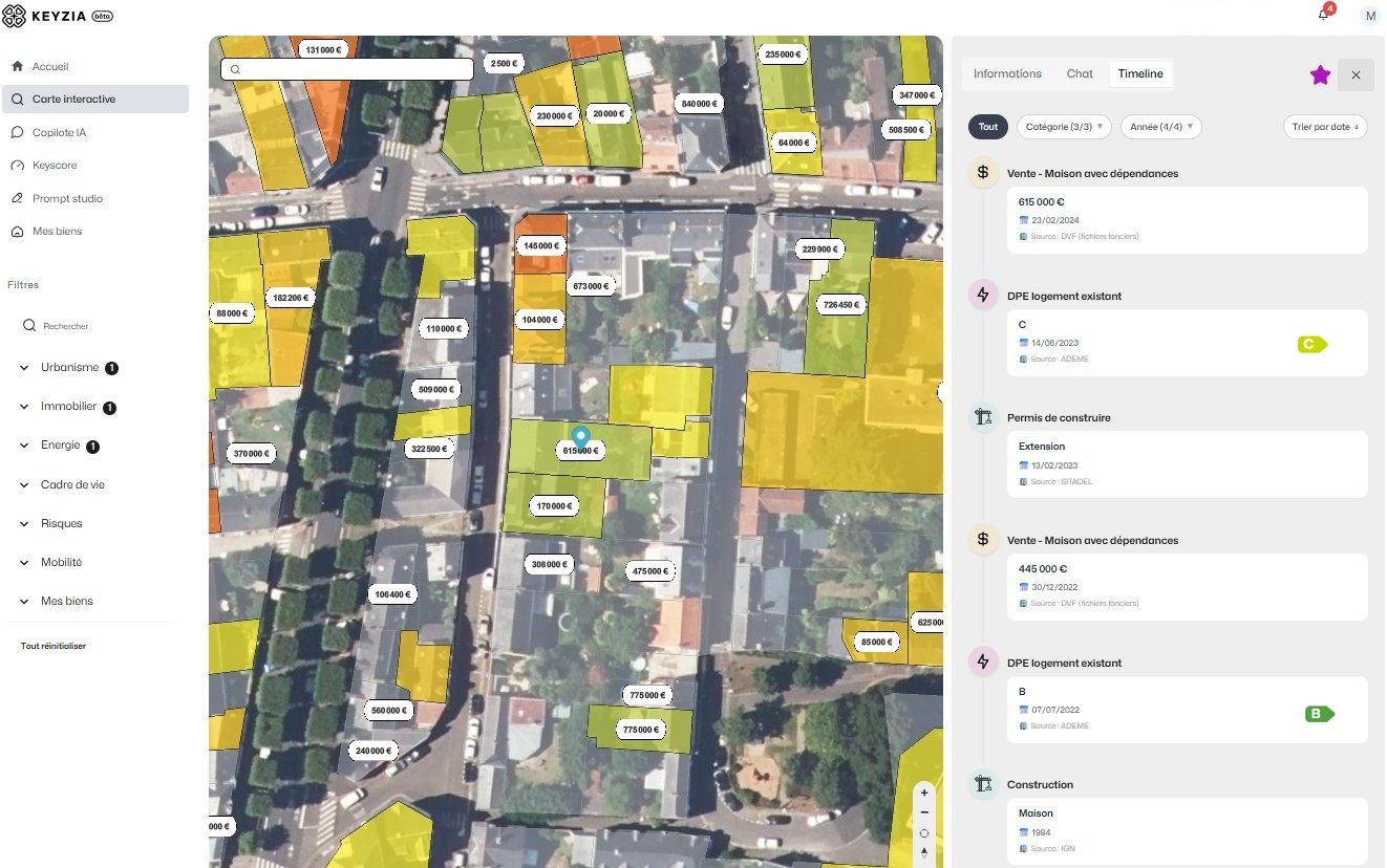 Capture d'écran de la carte interactive Keyzia intégrée dans un CRM BTP