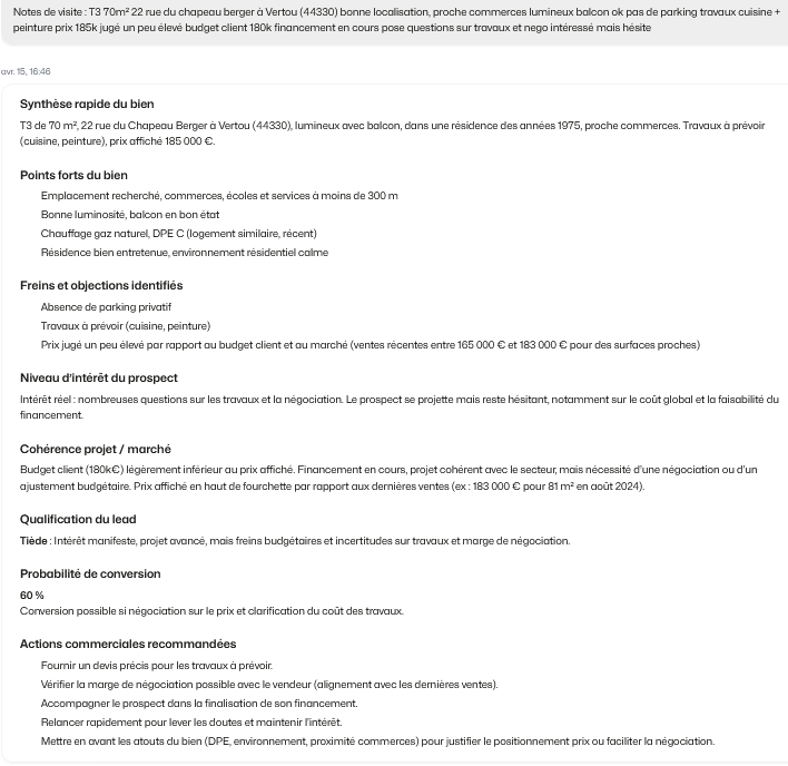 Capture d'écran de l'assistant conversationnel Keyzia pour rédiger des comptes rendus de visite