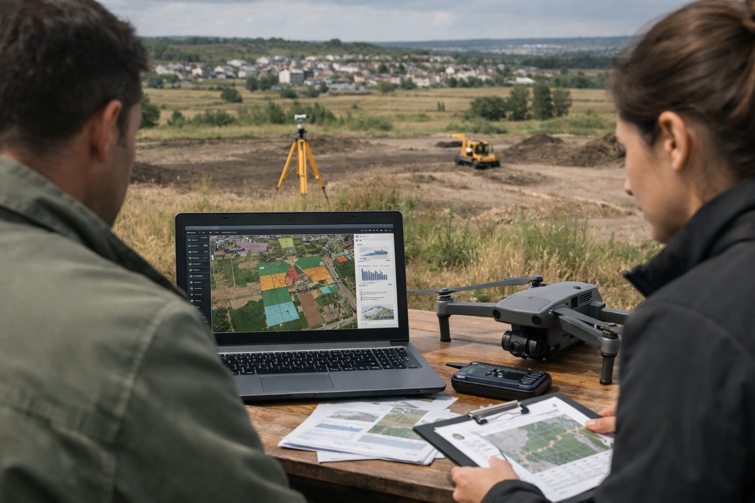 Techniciens utilisant ordinateur et drone pour cartographier le terrain