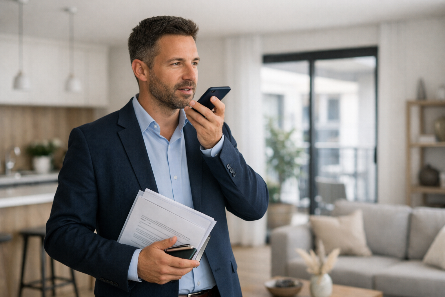 Homme en costume tenant smartphone et dossiers, parlant au téléphone pour faire un compte rendu de visite avec l'IA