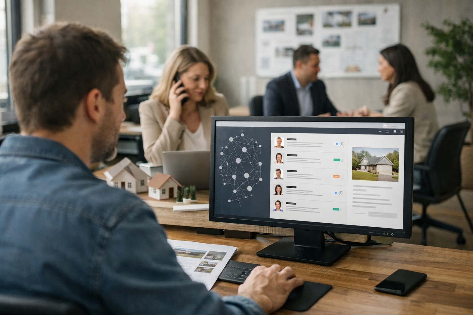 Personne regardant un écran affichant des profils dans un bureau