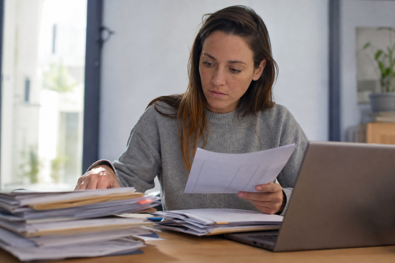 Femme concentrée triant des factures près d'un ordinateur