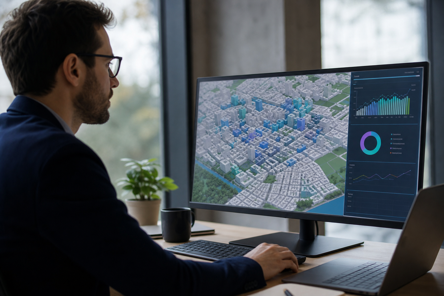 Homme consultant une carte 3D urbaine sur écran