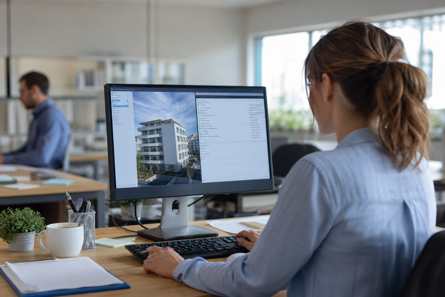 Personne travaillant à l'écran sur rendu 3D d'immeuble